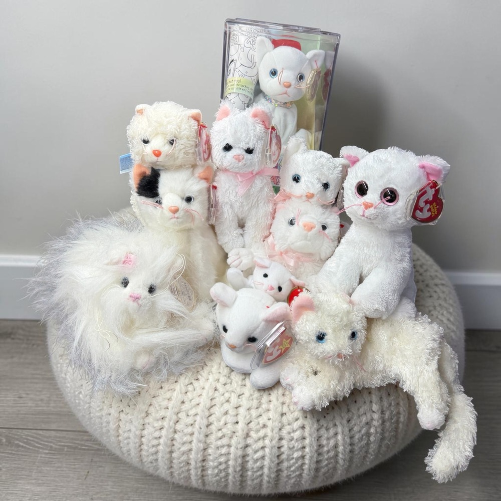 Beanie Baby WHITE CAT MEGA LOT 11pc Bianca Sugar Starlett Genevieve Delilah MWMT